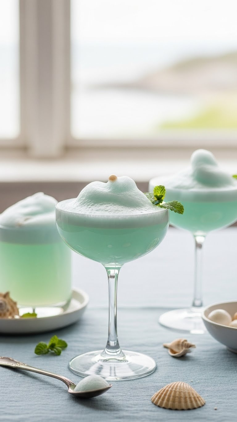 Refreshing sea foam spritzer in elegant stemmed coupe with frothy foam topping on blue linen tablecloth