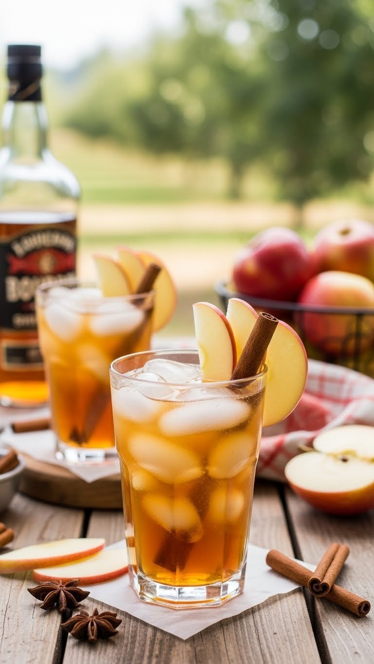 Refreshing spiked apple cider in tall glass with apple slices and cinnamon stick over ice