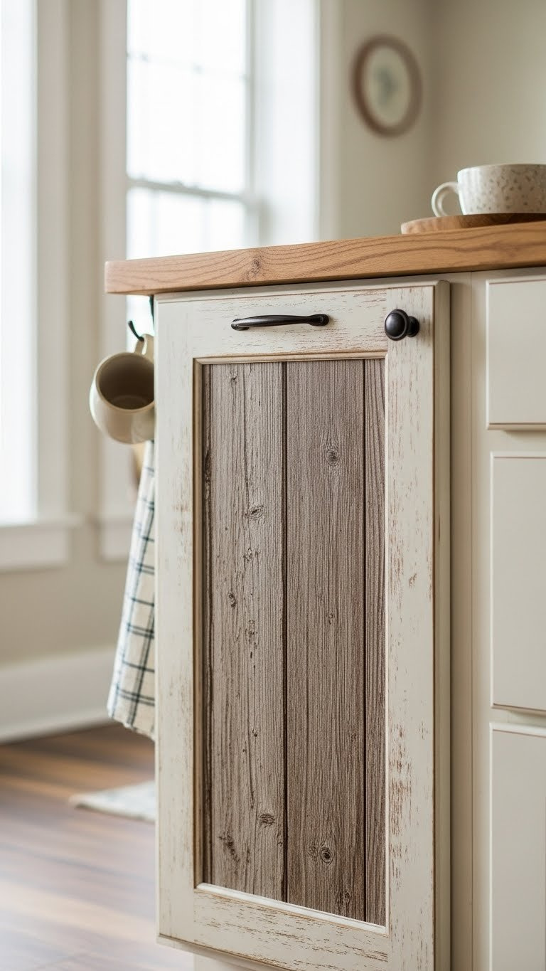 Removable distressed wood door front transforming outdated kitchen cabinet with visible weathered texture