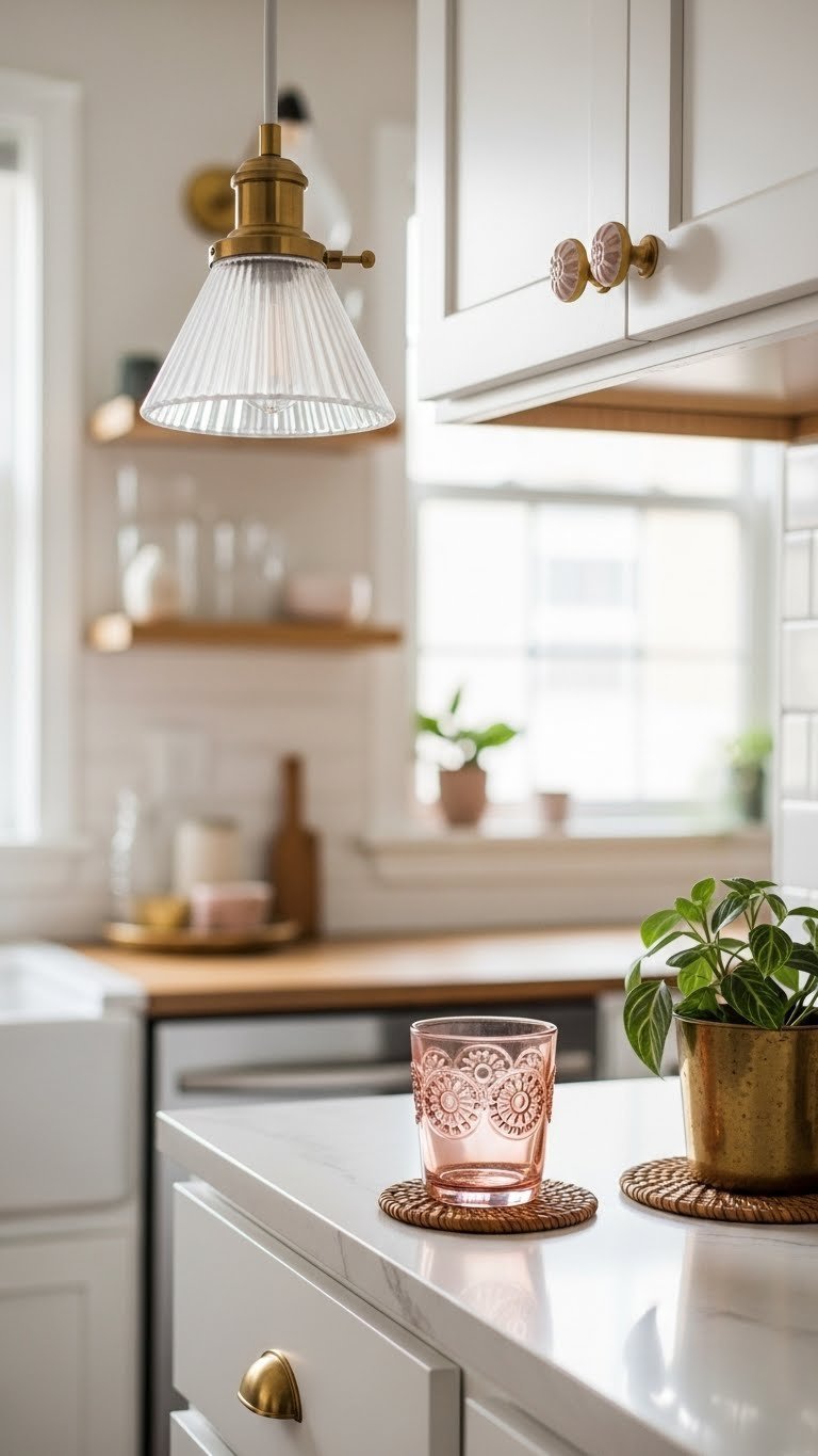 Rental-friendly brass hardware and plug-in pendant light elevating boho kitchen aesthetic without permanent installation