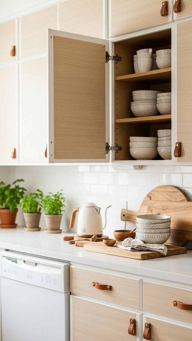 Rental kitchen cabinets transformed with peel-and-stick wood grain contact paper and brass hardware upgrades