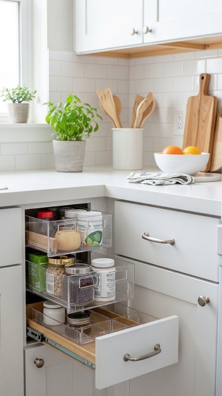 Renter-friendly L-shaped kitchen with peel-and-stick backsplash and removable organizers showcasing temporary upgrades