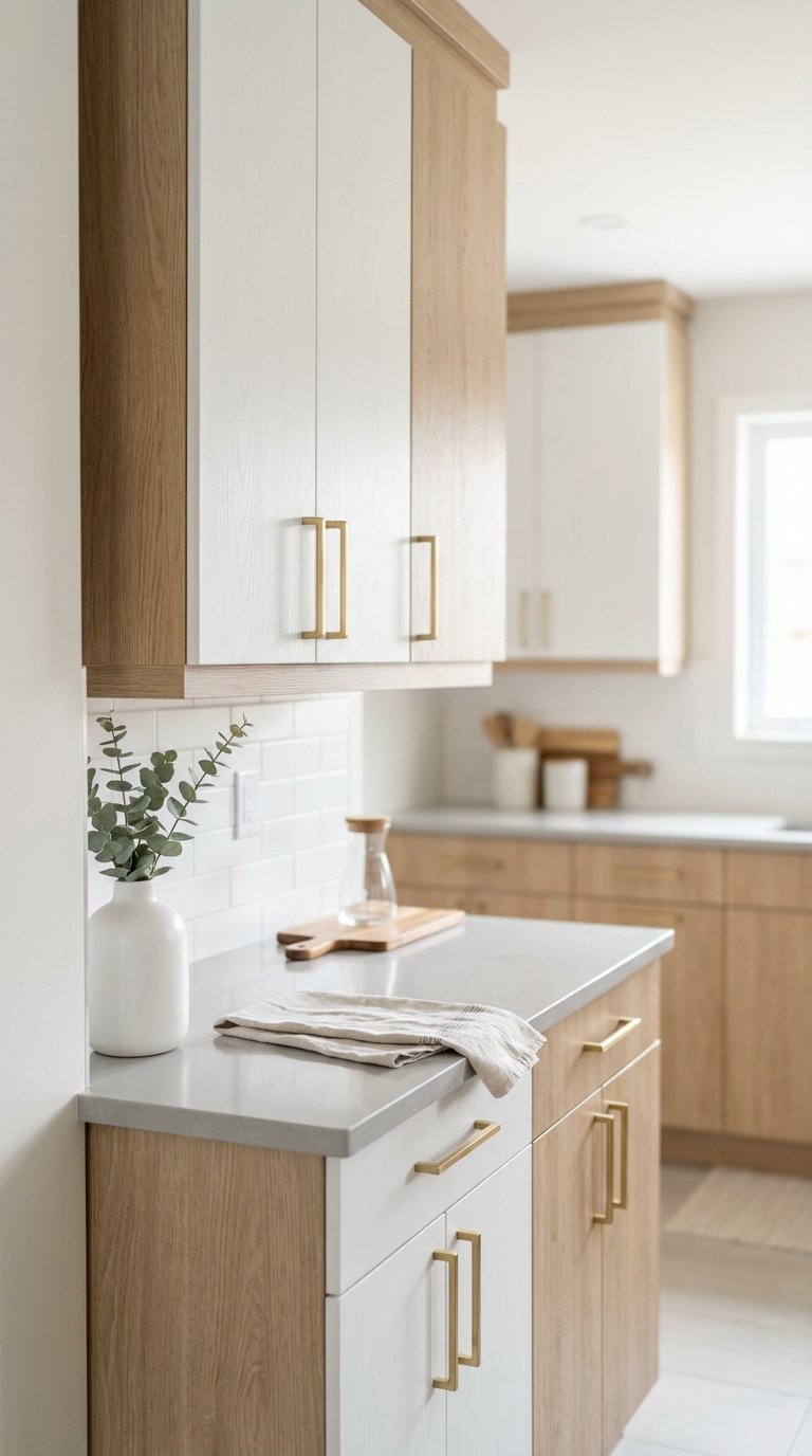 Renter-friendly kitchen cabinet makeover with peel-and-stick contact paper and new hardware