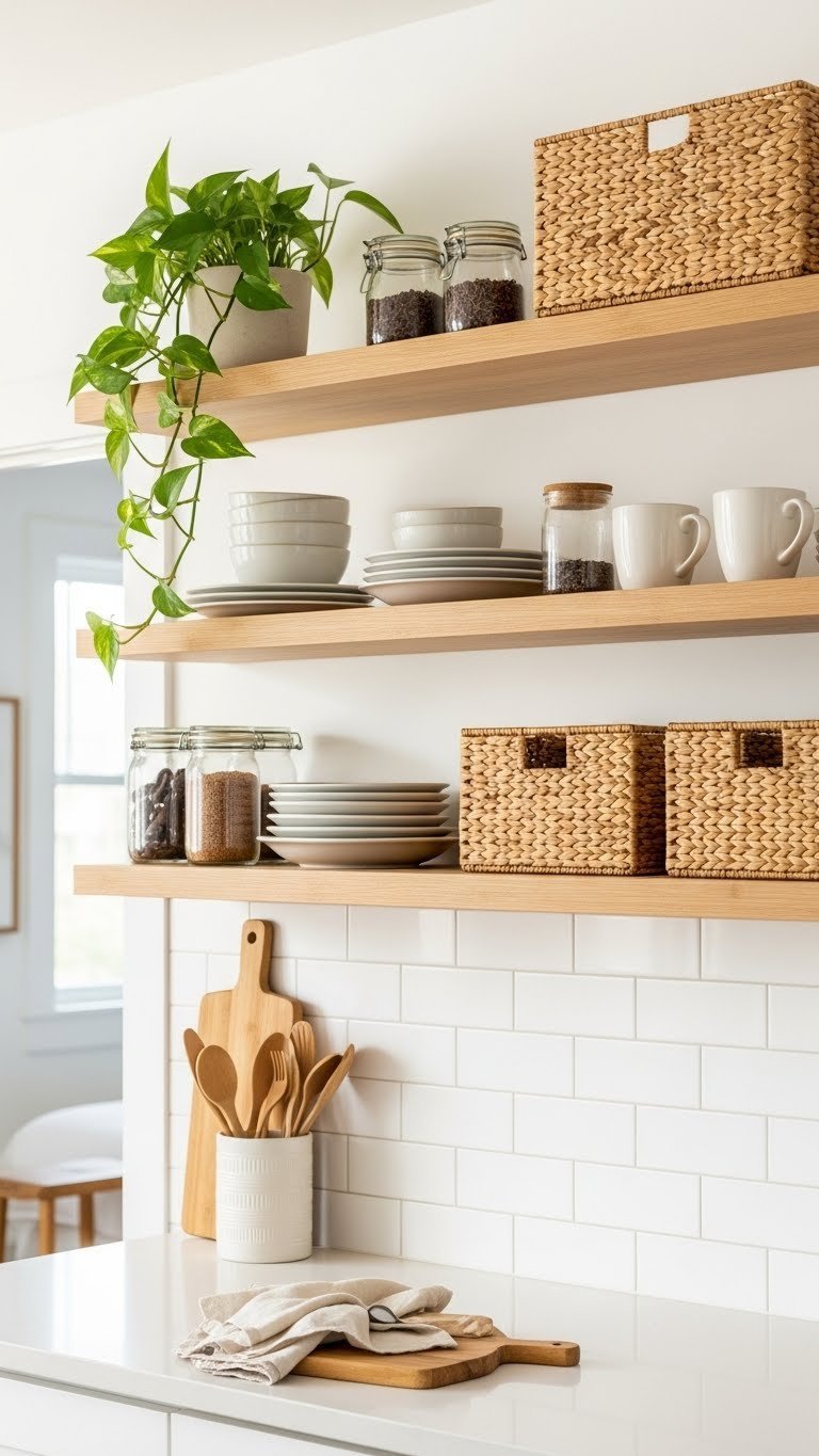 Renter-friendly open shelving with bohemian ceramic dishes and trailing plants in a compact apartment kitchen space