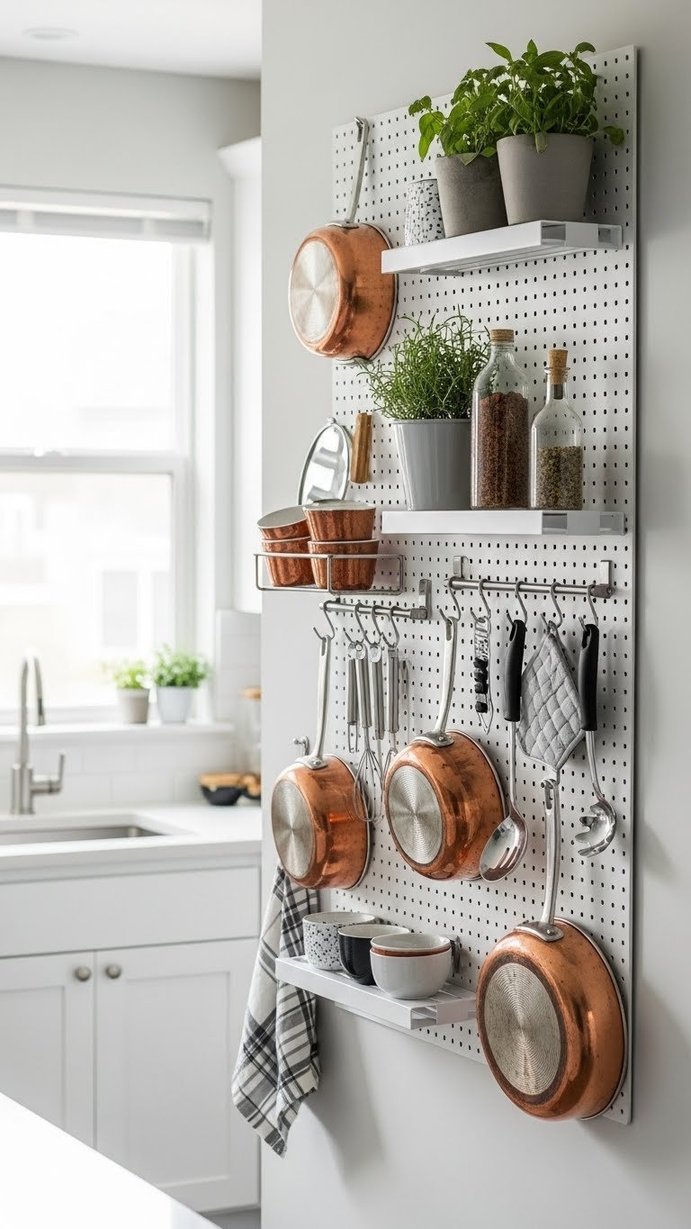 Renter-friendly pegboard system with hanging pots, pans and utensils creating functional kitchen wall storage.