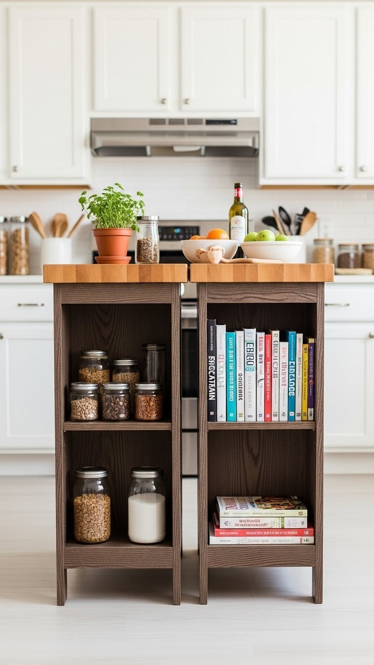 Repurposed bookshelf kitchen island with butcher block top and vertical storage in organized apartment kitchen