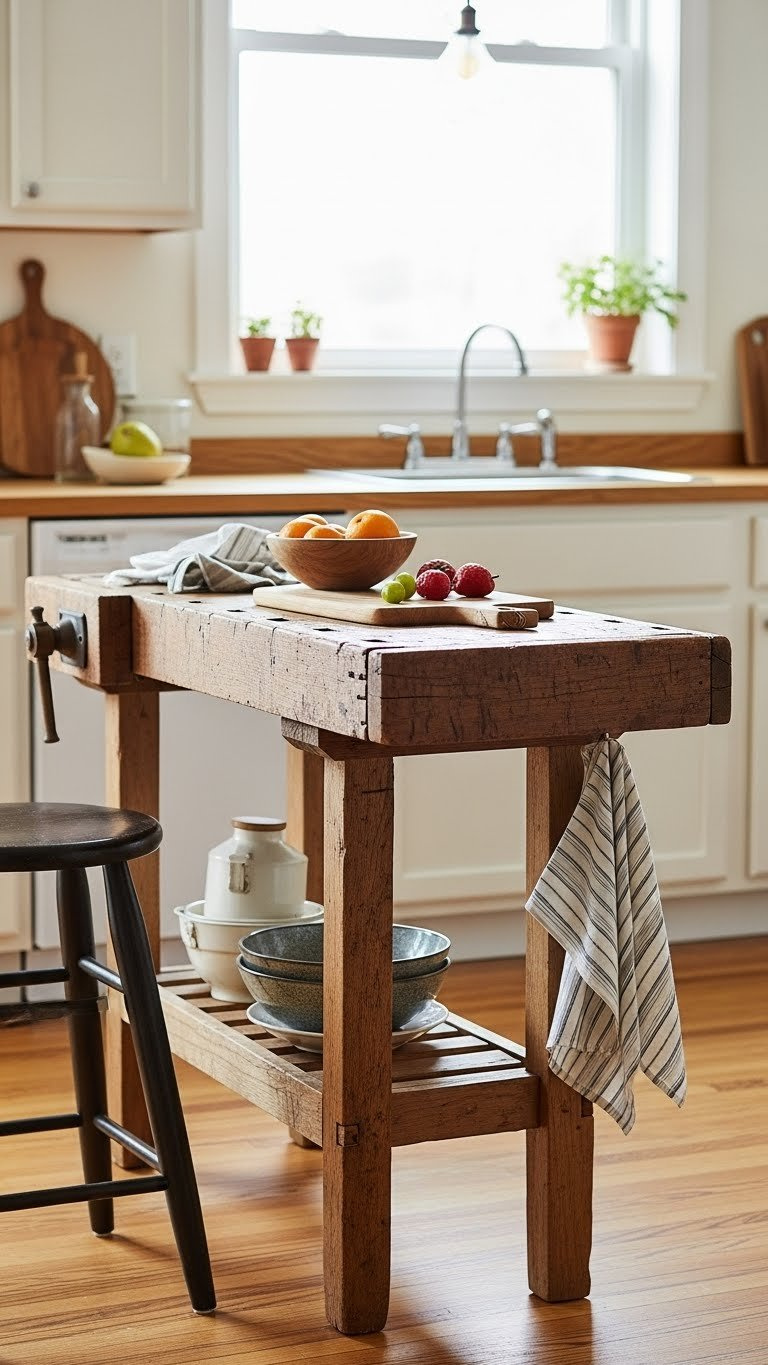 Repurposed wooden console table as portable kitchen island with cutting board and fresh fruit in rustic apartment