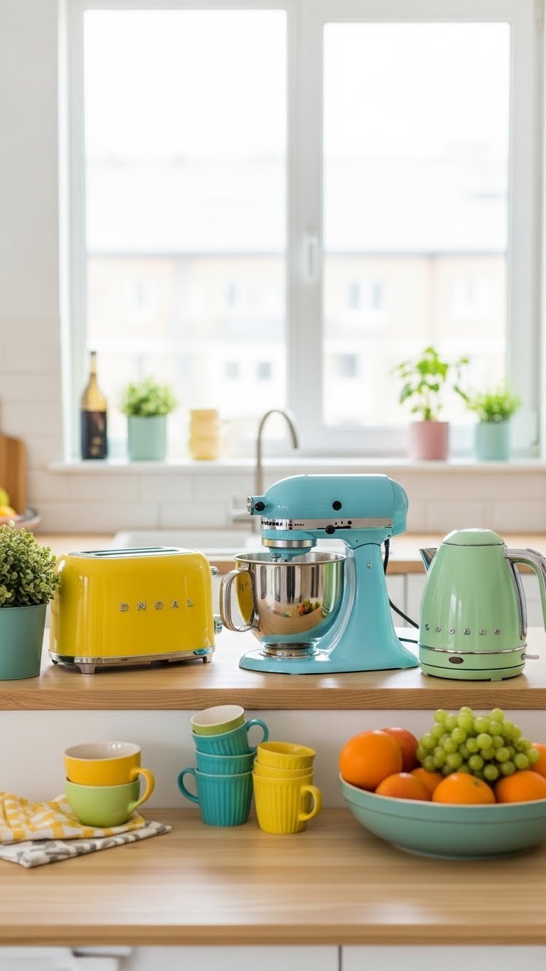 Retro-inspired colorful small kitchen appliances arranged on light wooden countertop with soft natural lighting.