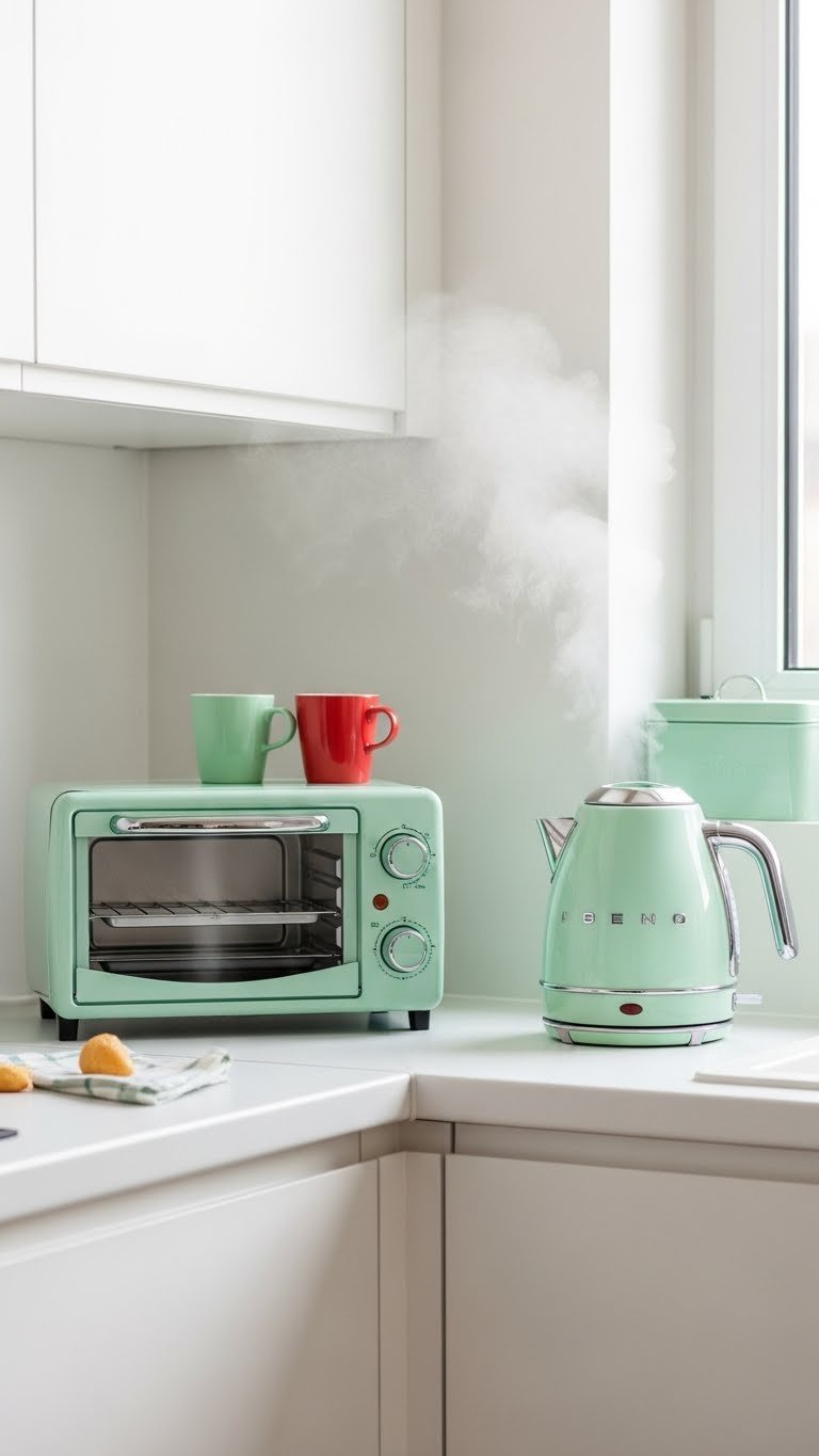 Retro-style toaster oven and electric kettle in matching mint green with subtle steam rising from kettle.