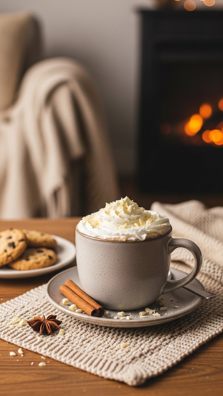 Rich White Chocolate Mocha with whipped cream in ceramic mug on knitted placemat with cookies and warm blanket backdrop
