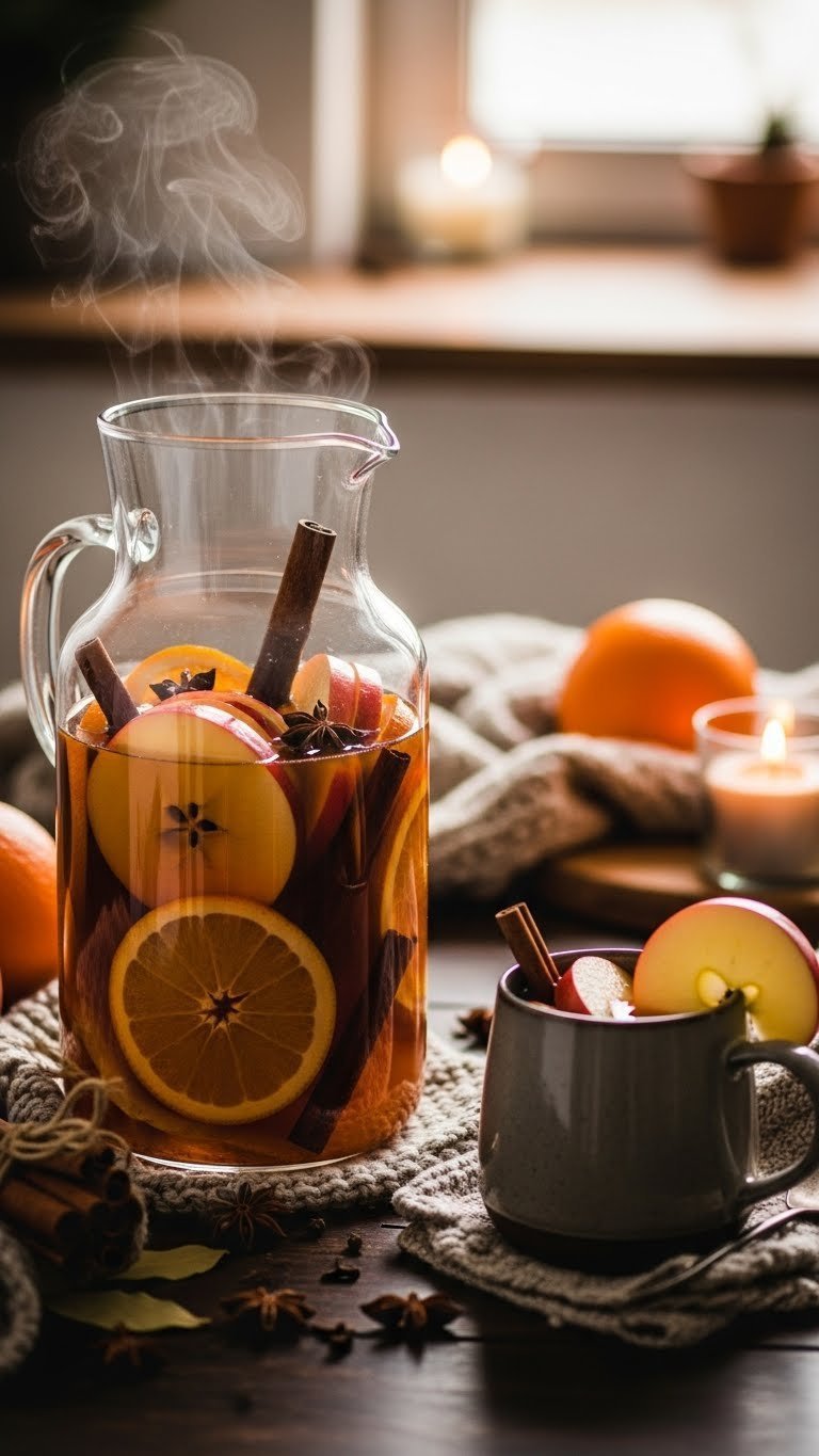 Rich amber spiced apple cider sangria in clear carafe with sliced apples, orange wheels, and cinnamon sticks on dark wooden table
