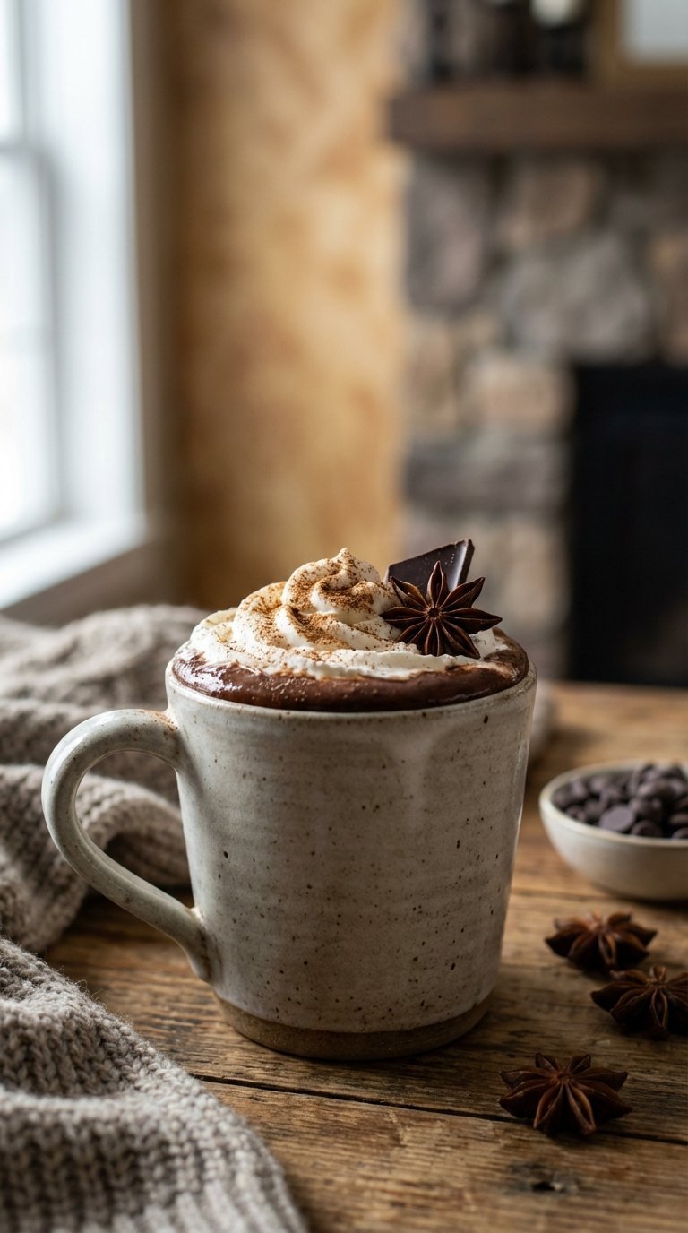Rich chai spiced hot chocolate in rustic ceramic mug topped with whipped cream and star anise on distressed wooden table