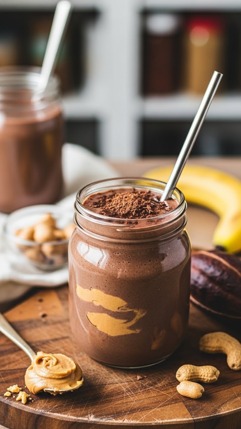 Rich chocolate peanut butter protein smoothie in rustic glass jar with peanut butter swirl visible