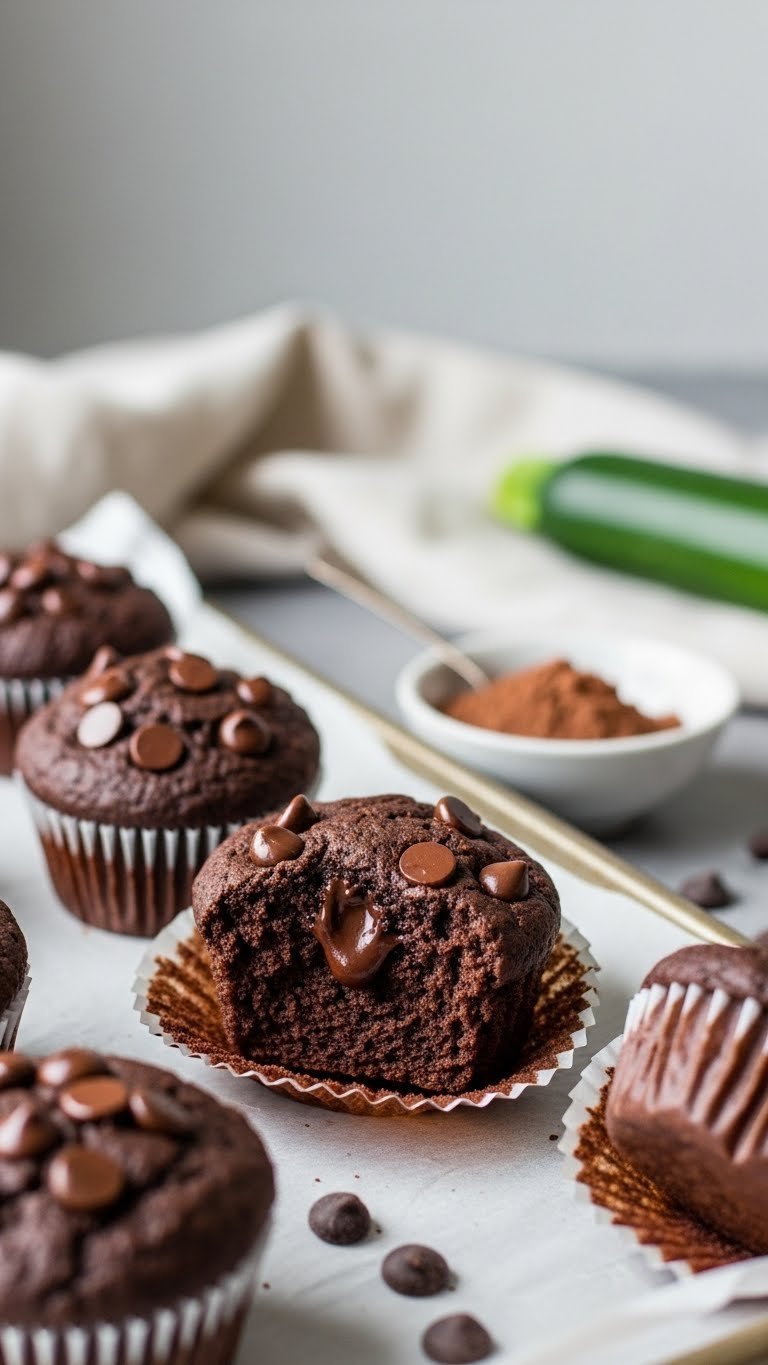 Rich dark paleo flourless double chocolate zucchini muffins with domed tops and melted chocolate chips on parchment-lined baking sheet.