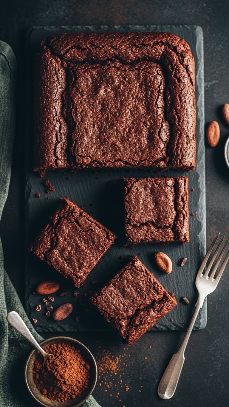 Rich fudgy zucchini brownies with crackled top on slate serving board