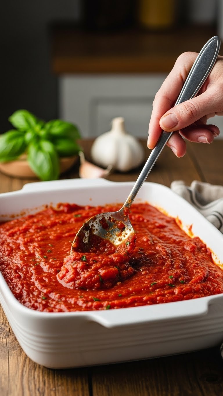 Rich marinara sauce being spread in white ceramic casserole dish with fresh basil garnish