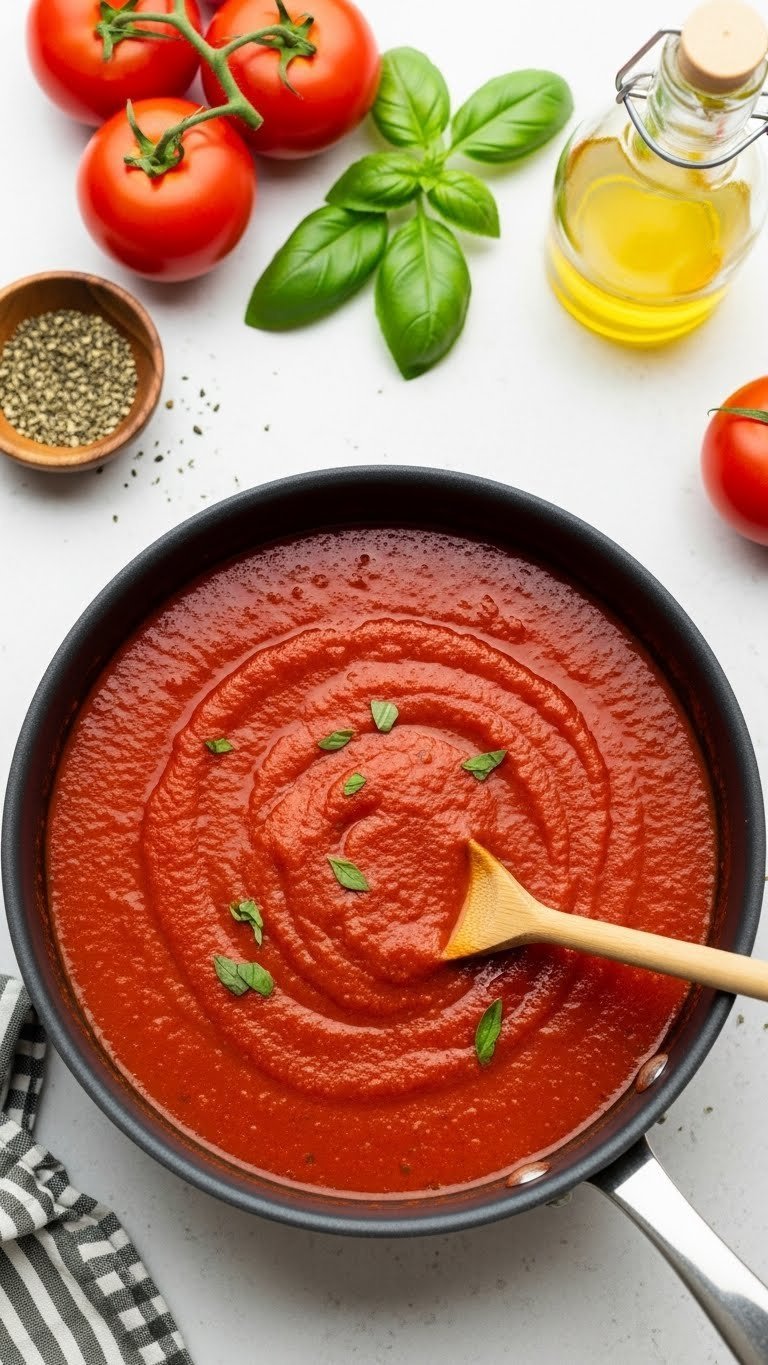 Rich marinara sauce simmering in saucepan with herbs for ground beef zucchini bake preparation