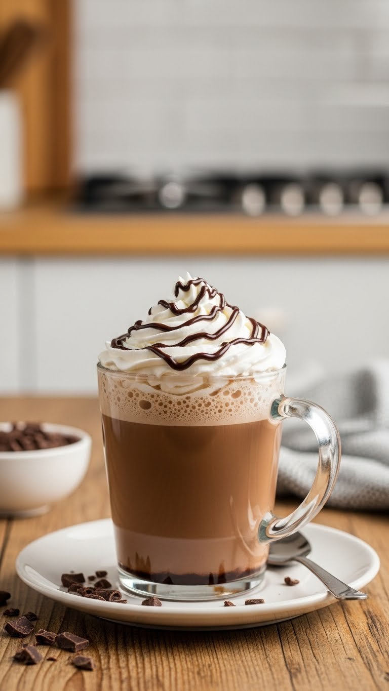Rich mocha in glass mug topped with whipped cream and chocolate drizzle on rustic wooden kitchen table