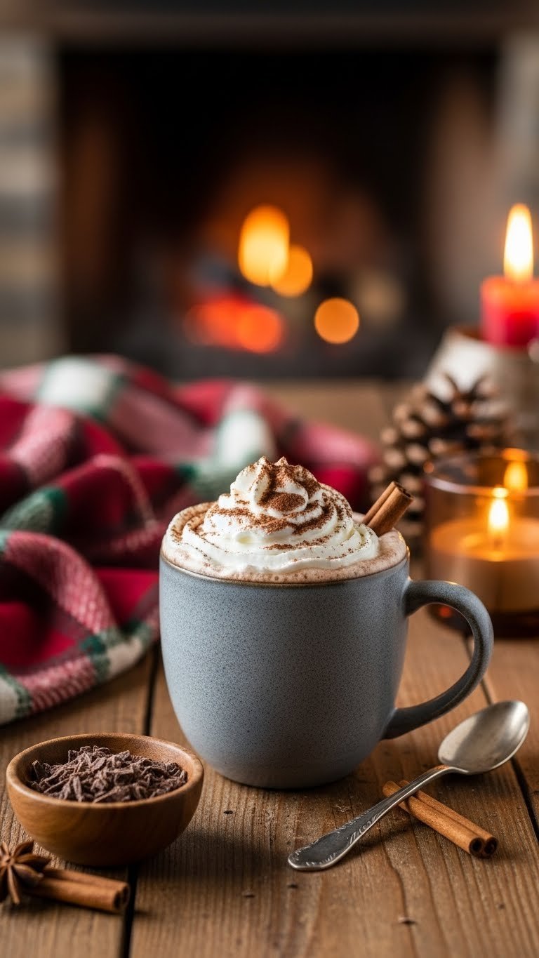 Rich spiced hot chocolate in stoneware mug with whipped cream and cocoa powder dusting