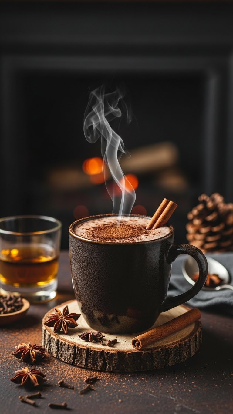 Robust whiskey hot chocolate with cocoa powder dusting and cinnamon stick in rustic ceramic mug