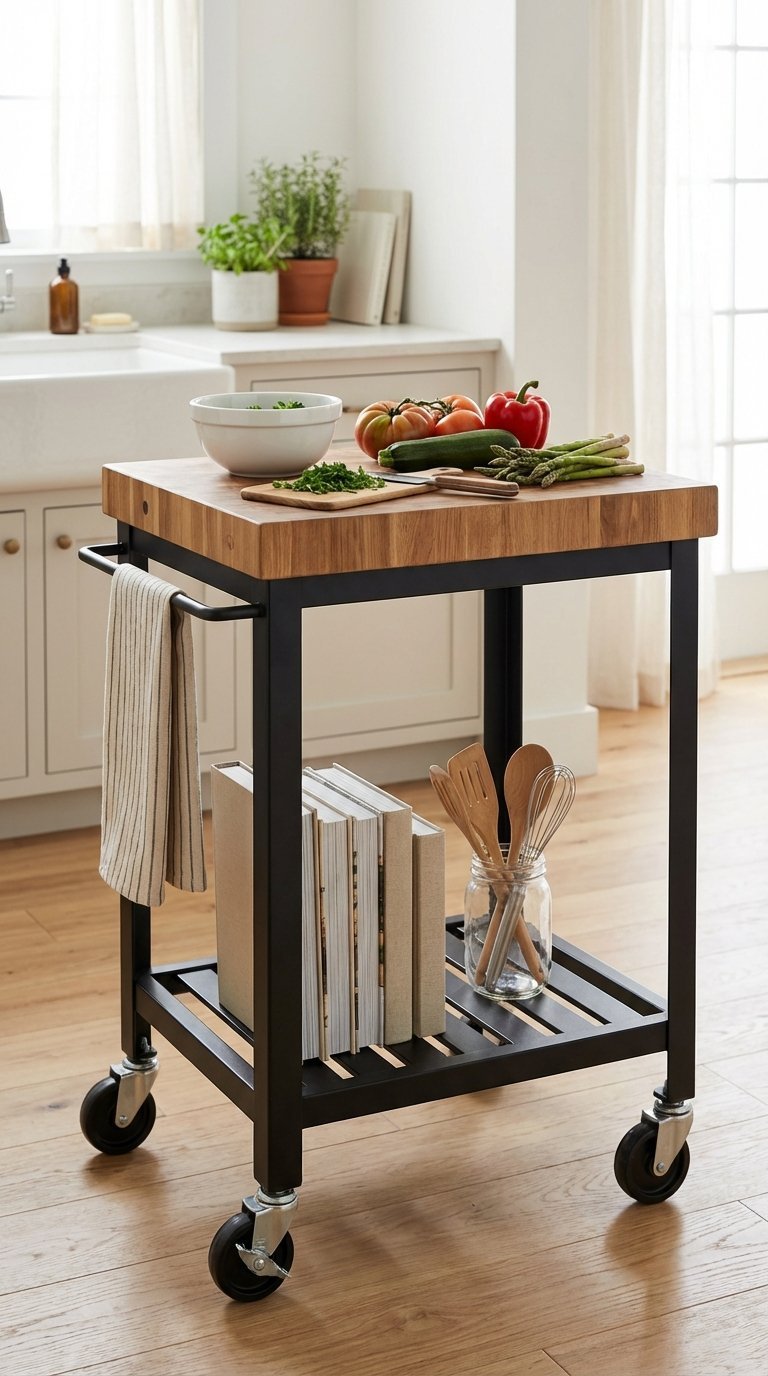 Rolling kitchen cart with butcher block top holding mixing bowl and fresh vegetables for food prep.