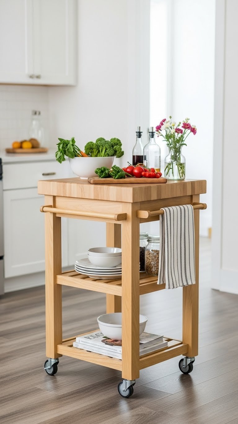 Rolling kitchen island with butcher block top used as prep space with fresh vegetables