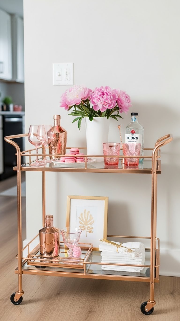 Rose gold bar cart styled with pink glassware, macarons, and peonies in apartment kitchen corner