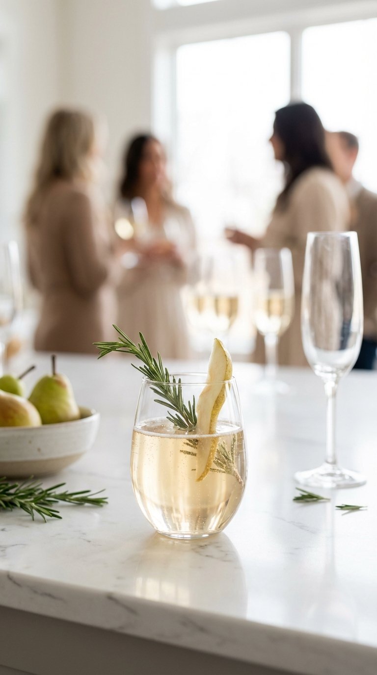 Rosemary-infused pear sparkler in champagne flute with pear slice and rosemary garnish