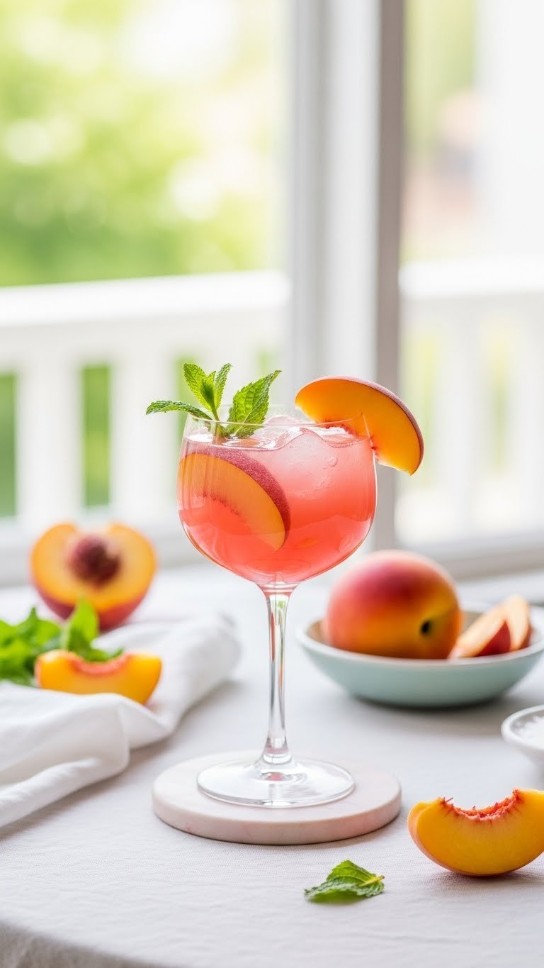 Rosy pink energy drink in delicate stemmed glass with fresh peach slices and mint sprig on white linen tablecloth