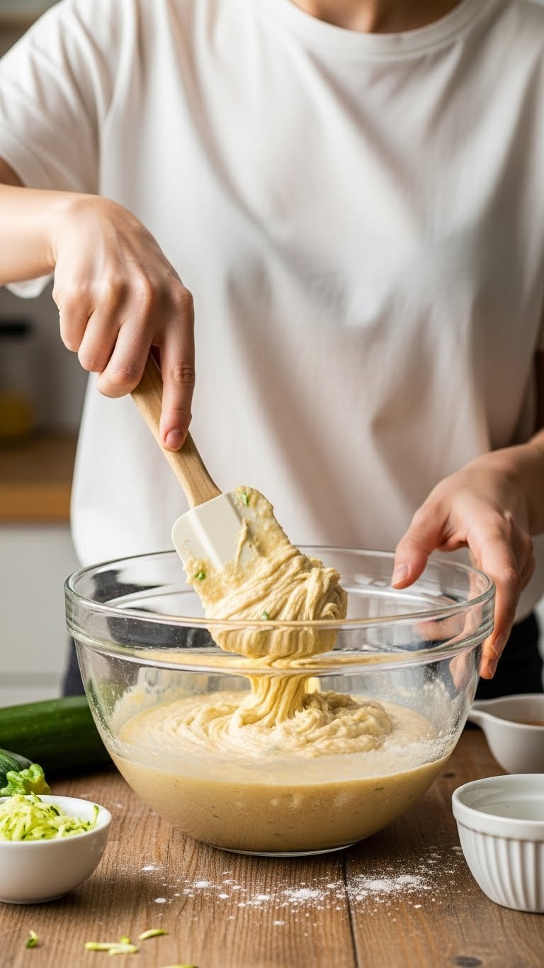 Rubber spatula folding flour mixture into zucchini bread batter in large mixing bowl
