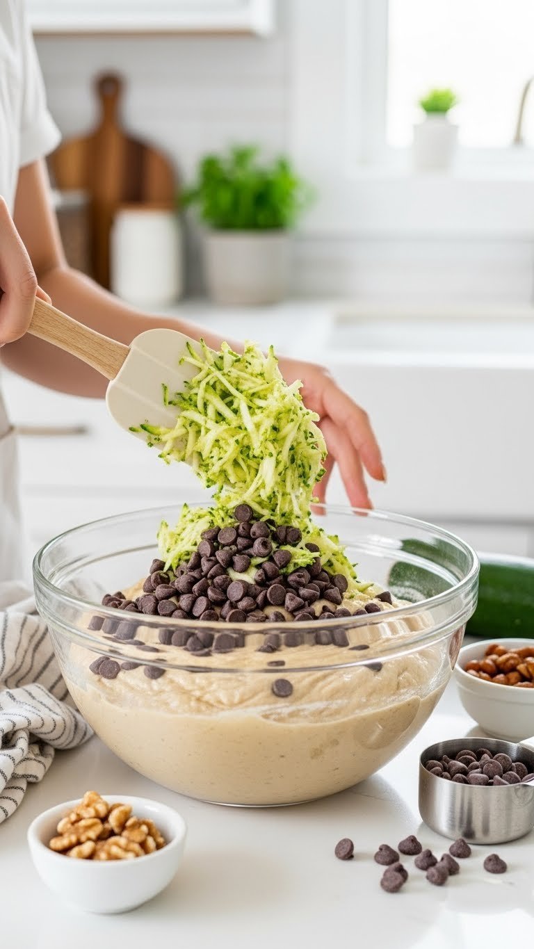 Rubber spatula folding grated zucchini and vegan chocolate chips into thick zucchini bread batter