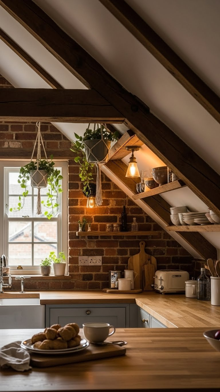 11 Genius Attic Kitchen Ideas For Slanted Ceilings 17 Rustic attic kitchen featuring exposed wooden beams integrated with open shelving beneath slanted ceiling
