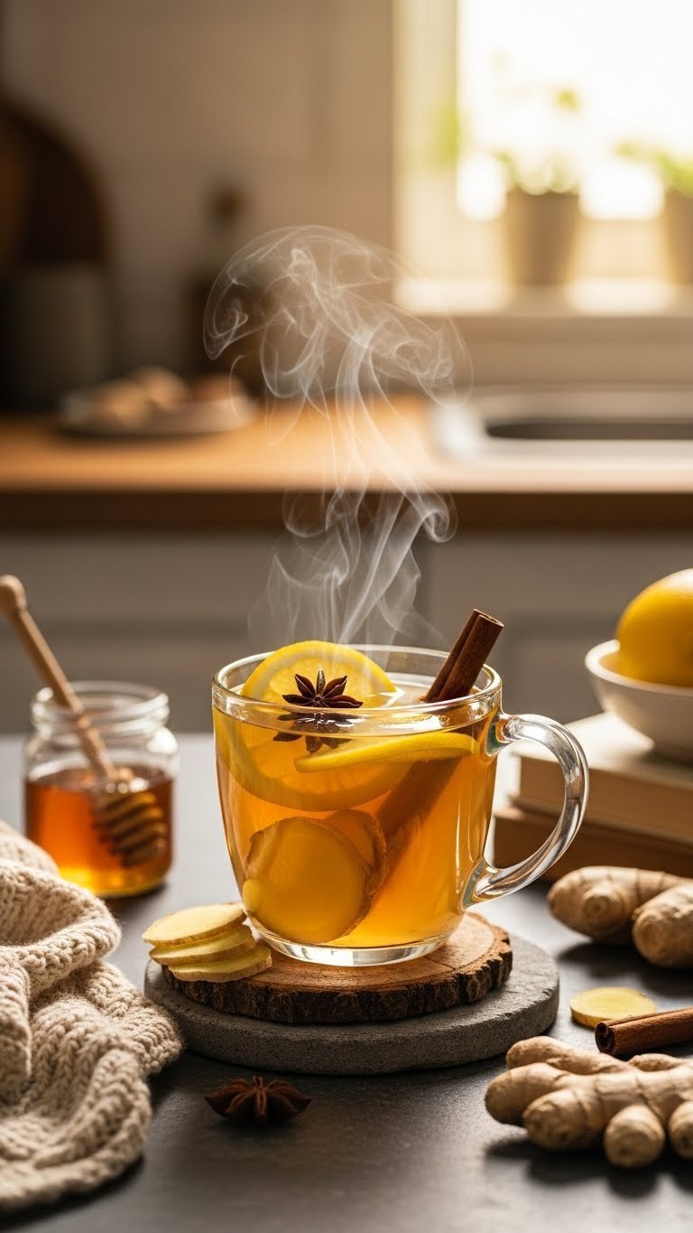 Rustic ceramic mug of steaming ginger tea with lemon wedge cinnamon stick garnish