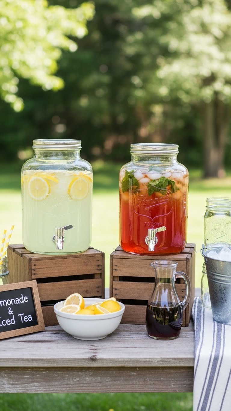 Rustic lemonade and iced tea stand with vintage glass dispensers, mason jars, and wooden crates on distressed picnic table