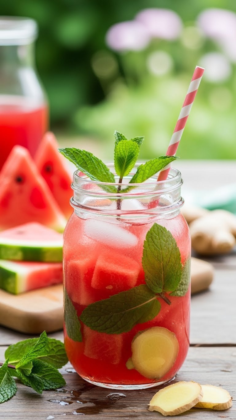 Rustic mason jar watermelon ginger mint cooler with ice cubes and fresh mint leaves on wooden table