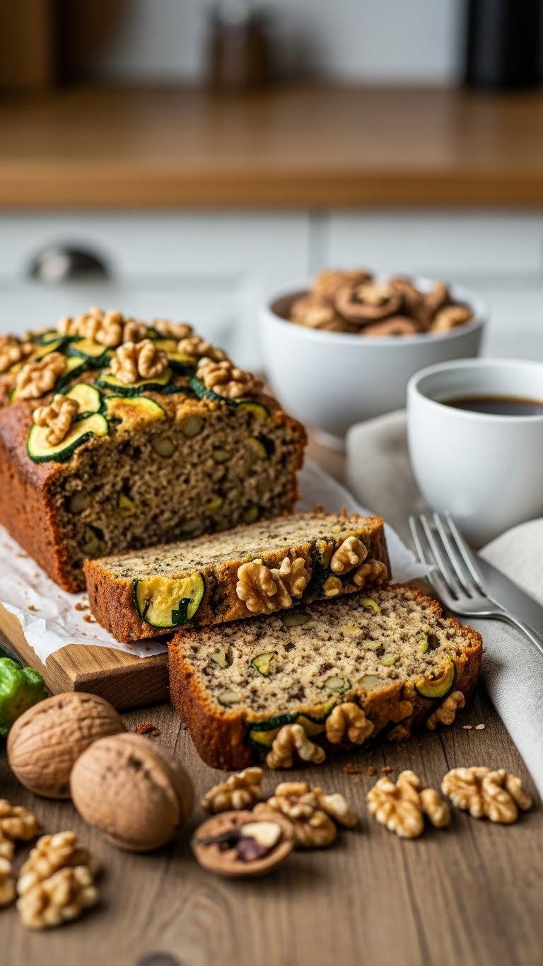 Rustic slice of gluten-free zucchini loaf studded with walnuts and green zucchini on wooden table with soft natural lighting