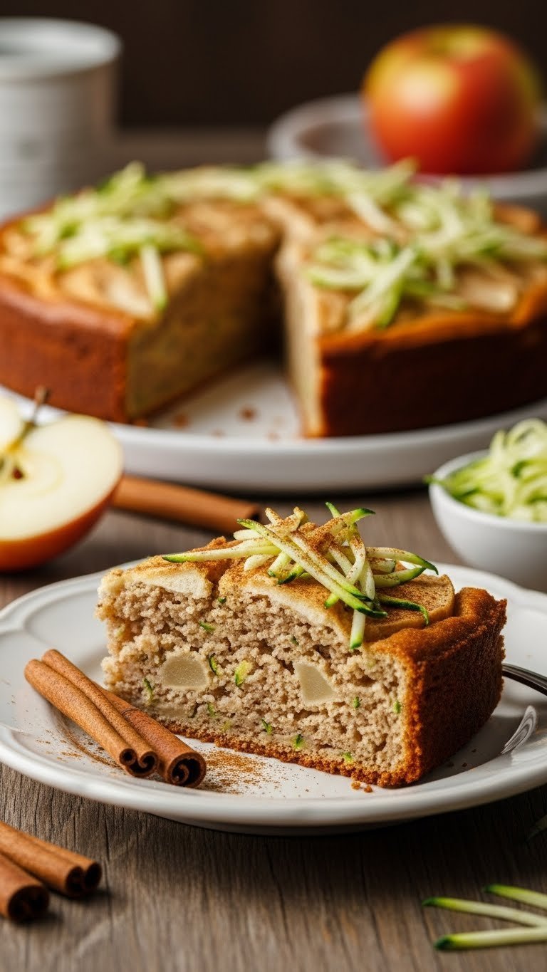 Rustic spiced apple zucchini cake slice with cinnamon on vintage ceramic plate