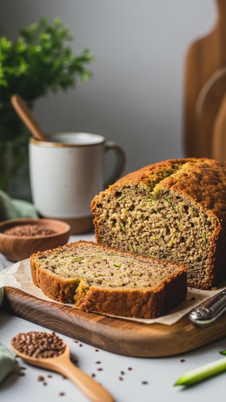 Rustic vegan eggless zucchini bread slice on unfinished wooden board with flaxseed garnish