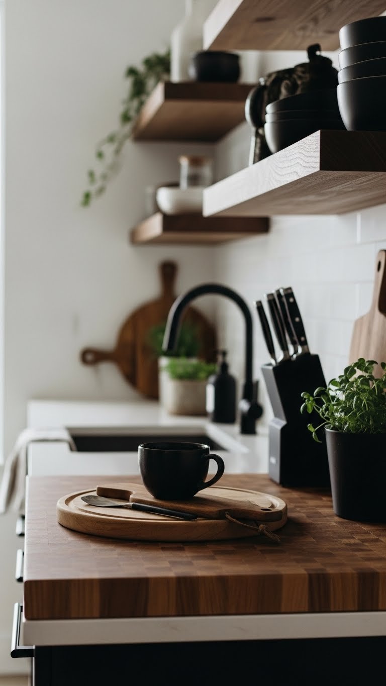Rustic wood butcher block countertop accent in masculine kitchen design with matte black finishes.