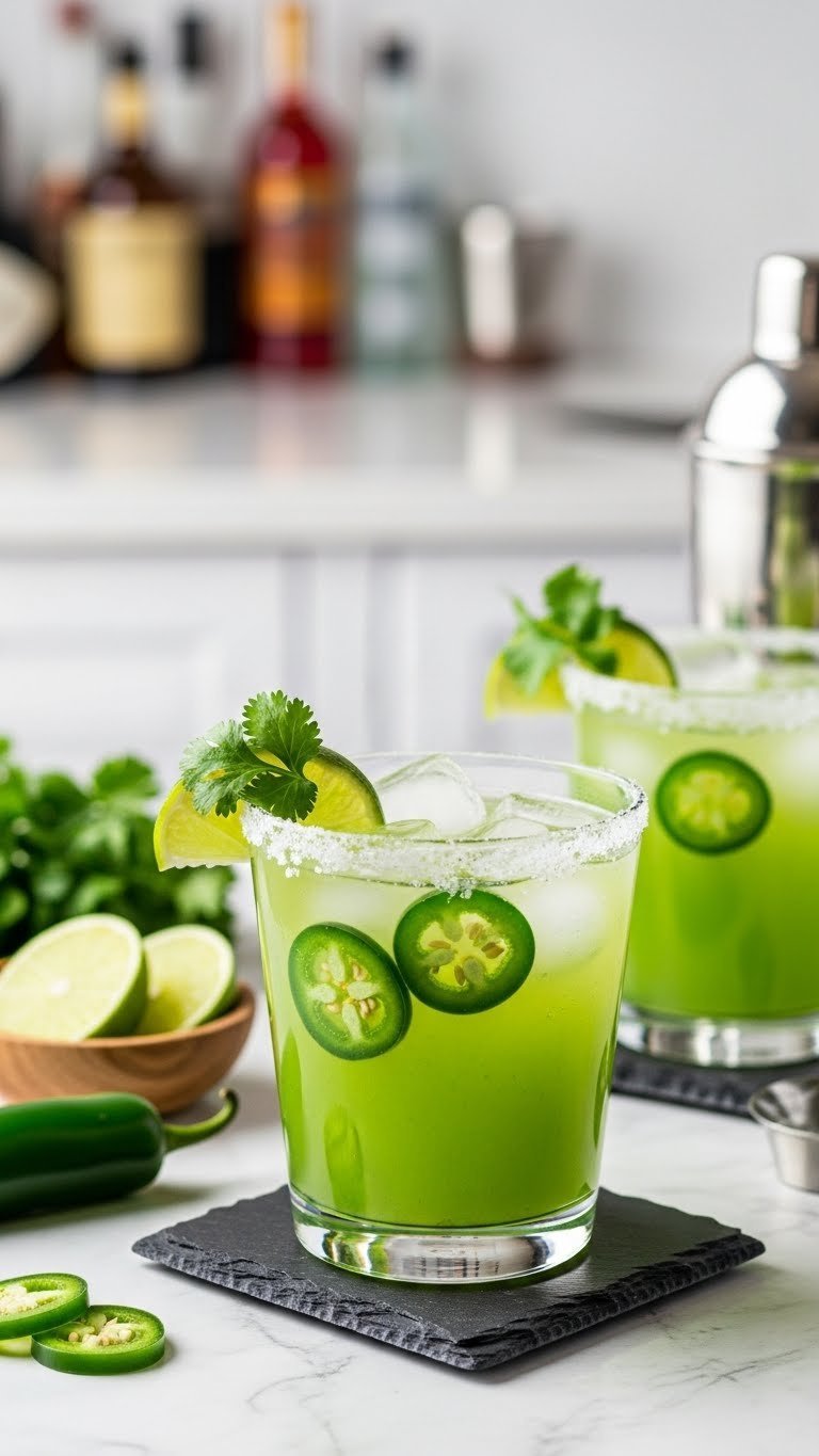 Salt-rimmed margarita glass with spicy virgin margarita mocktail featuring jalapeño lime garnish