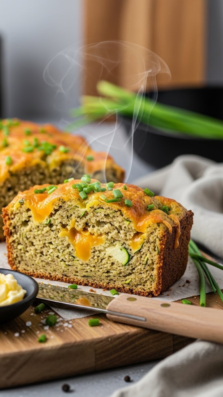 Savory keto zucchini bread slice with melted cheddar cheese and green chives on wooden cutting board with butter