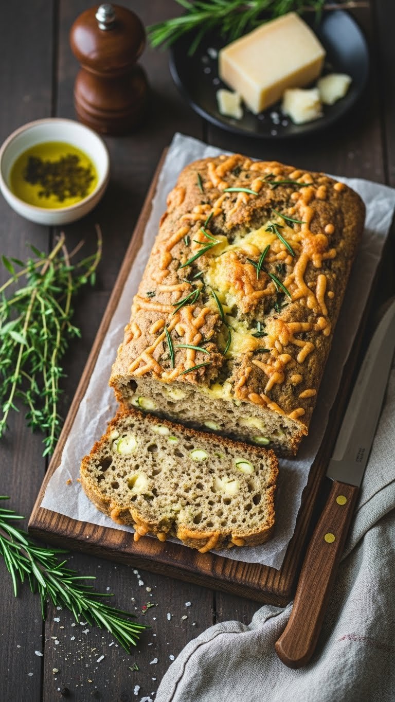Savory sourdough zucchini bread with rosemary, thyme and melted cheese on dark wooden board with olive oil dish and herbs.