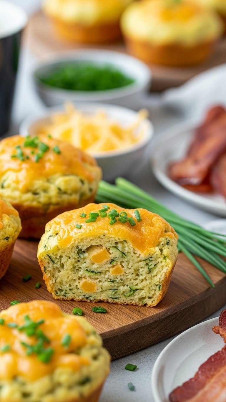 Savory zucchini cheddar muffins with melted cheese and chives on rustic wooden board in bright brunch setting