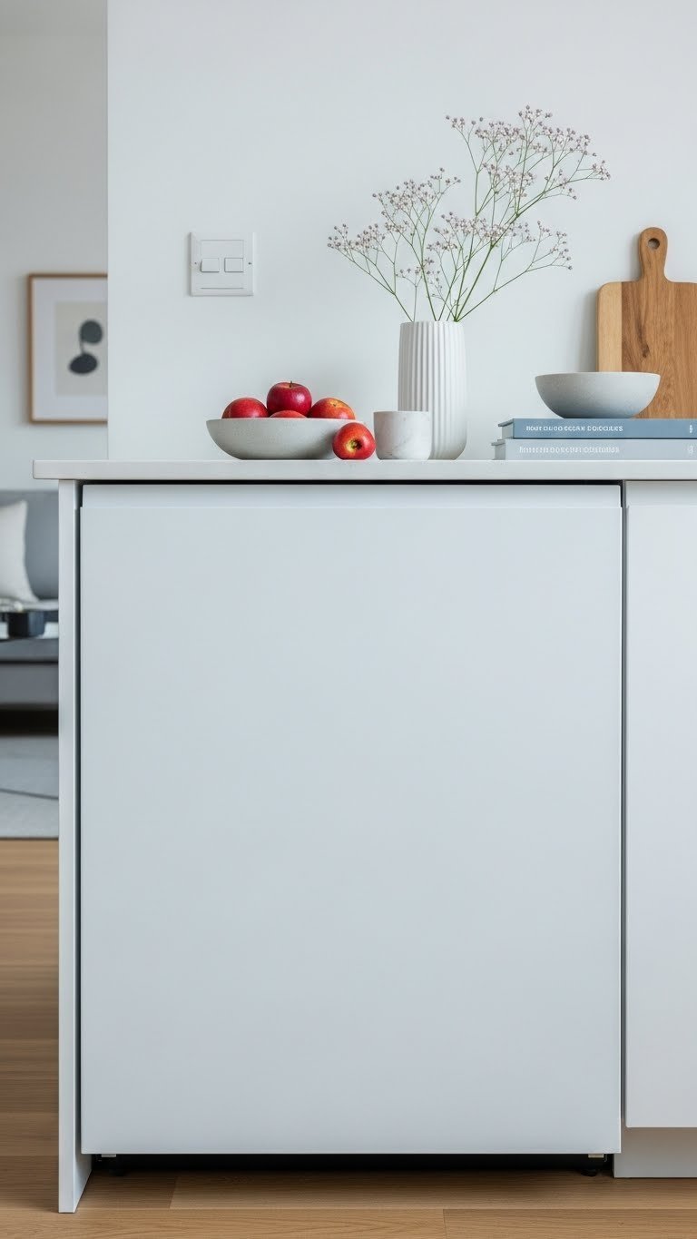 Seamless apartment kitchen with panel-ready dishwasher integrated into minimalist cabinetry with fruit bowl