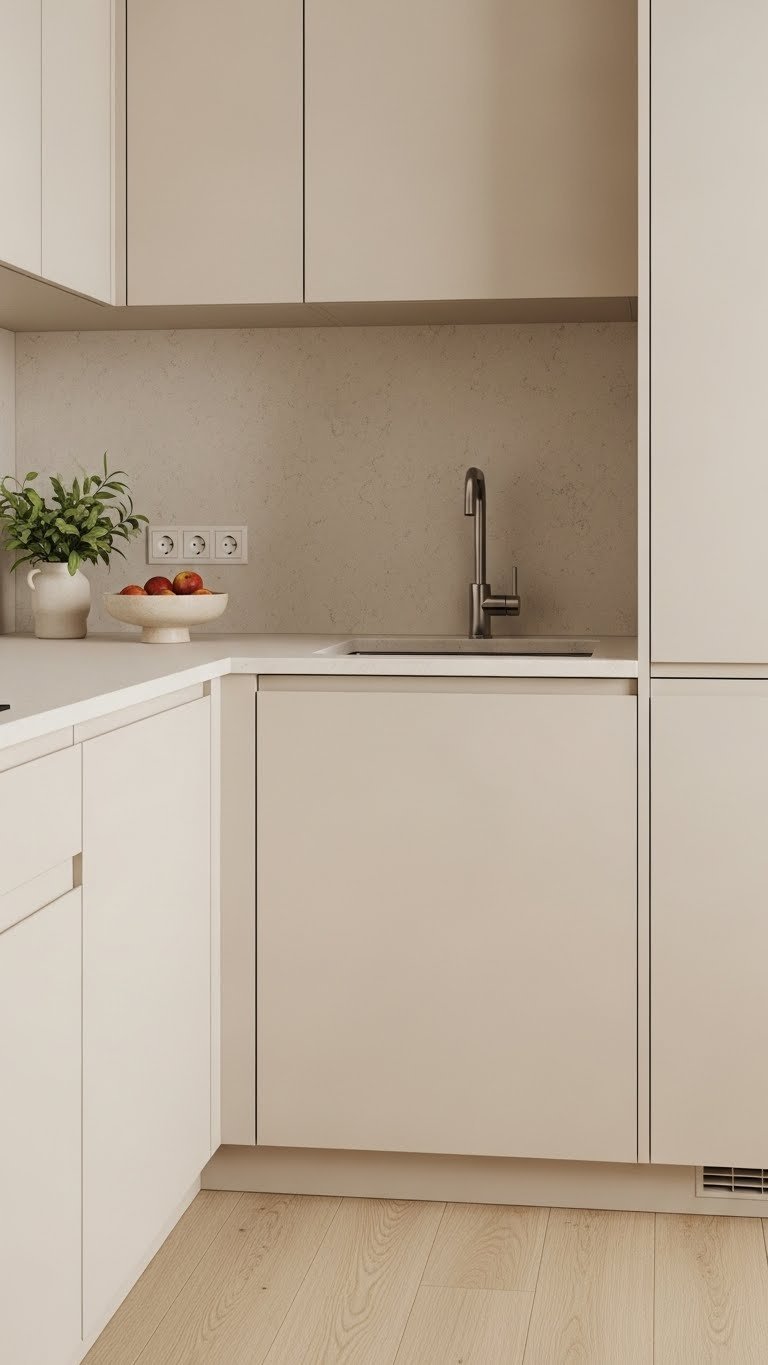 Seamless transition from light beige quartz countertop to oak flooring in small kitchen