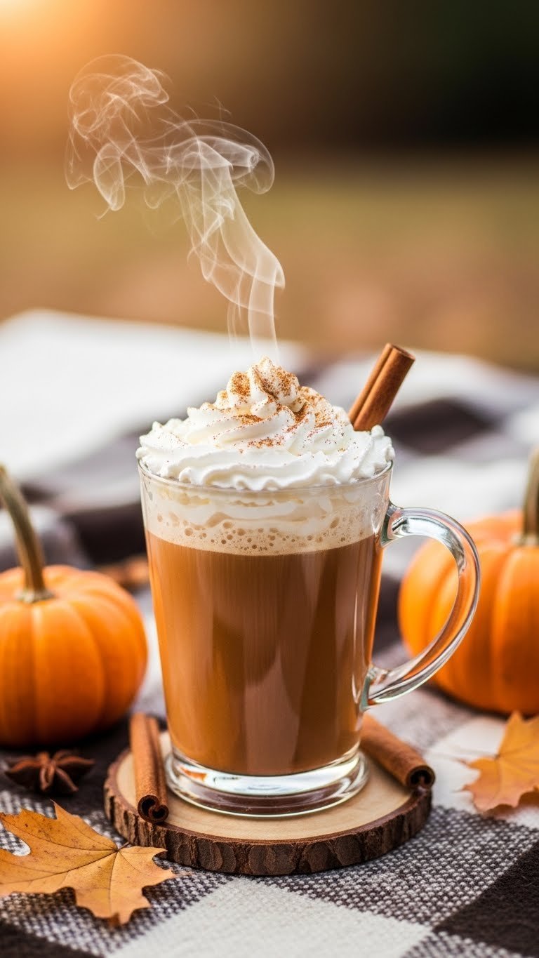 Seasonal Pumpkin Spice Latte with whipped cream in glass mug on flannel blanket with autumn leaves and cinnamon sprinkle