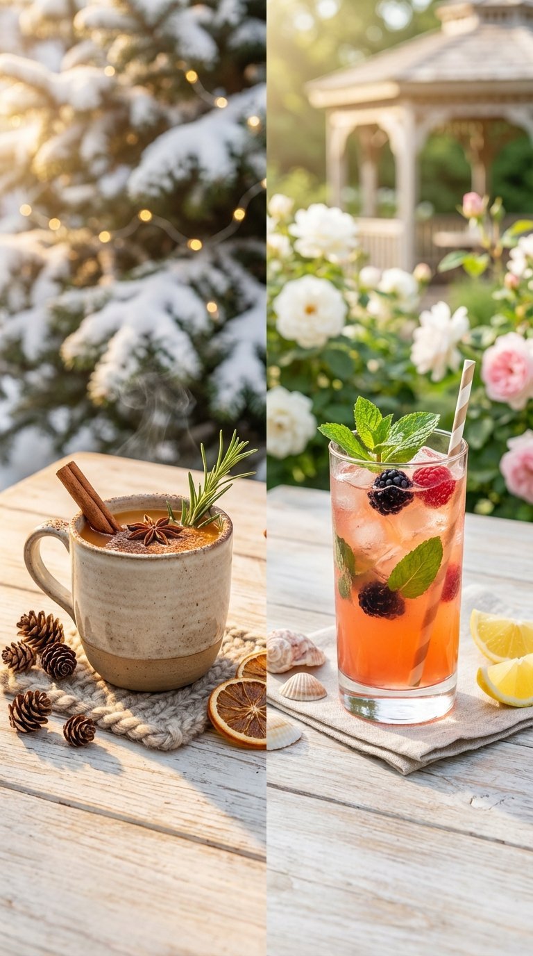 Seasonal wedding drinks featuring winter spiced cocktail and summer fruity cocktail side-by-side with seasonal decor