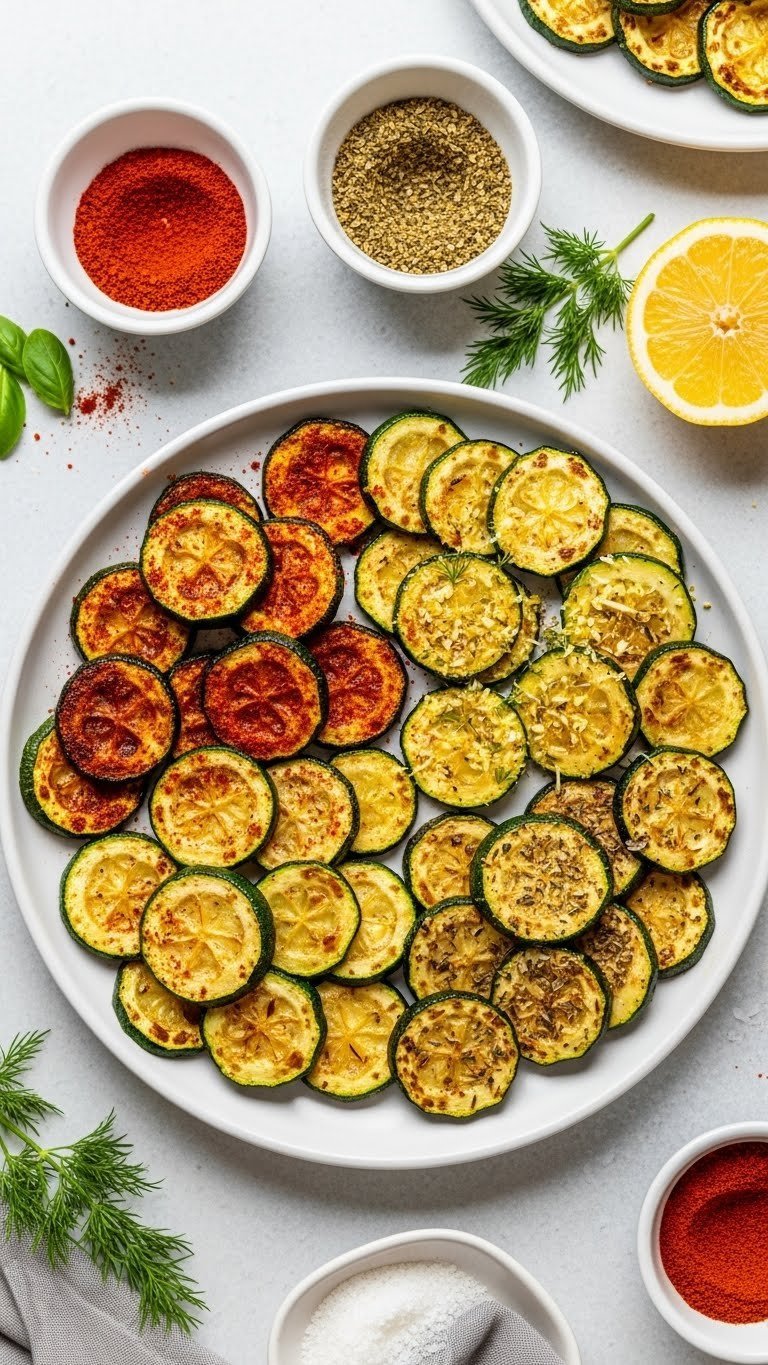 Seasoned oven-fried zucchini slices with paprika, lemon-dill, and Italian herb spice blends arranged beautifully