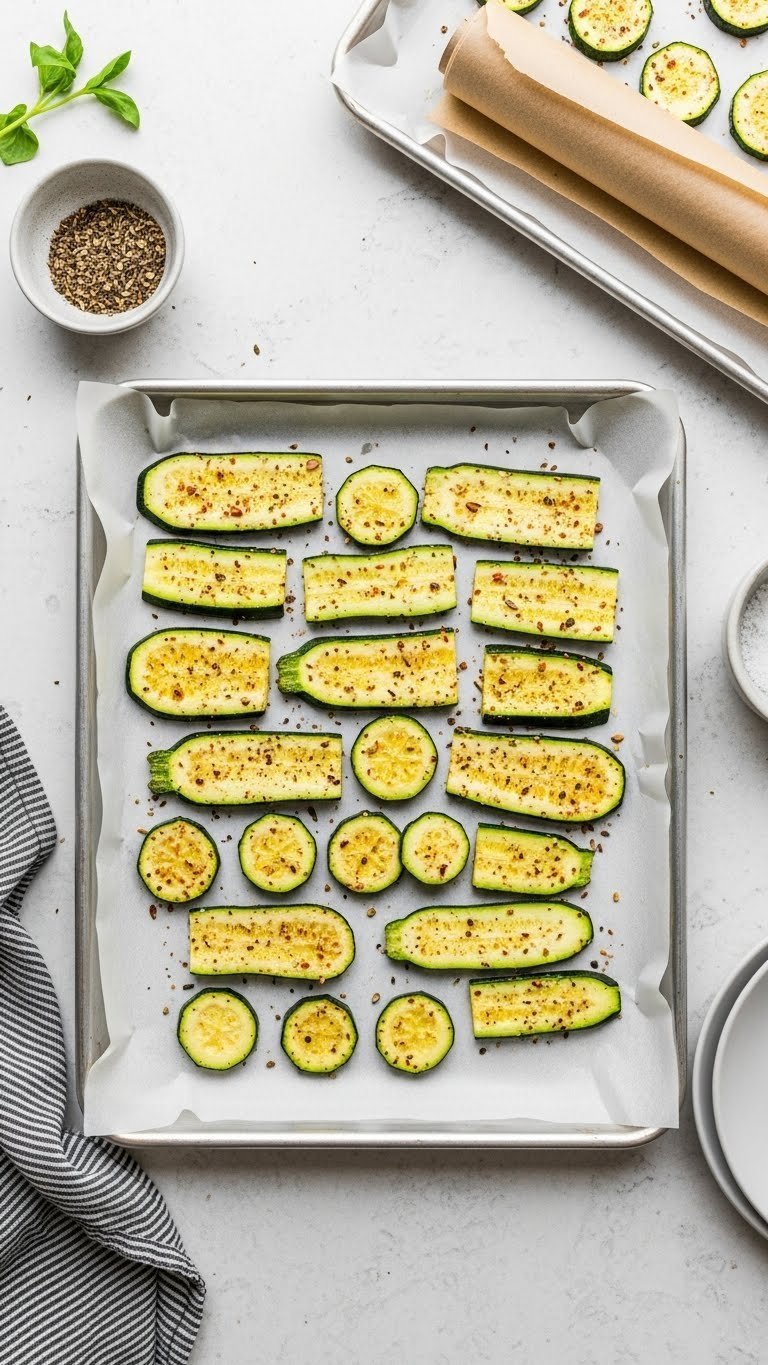 Seasoned zucchini slices arranged in single layer on parchment paper-lined baking sheet for crispy baking
