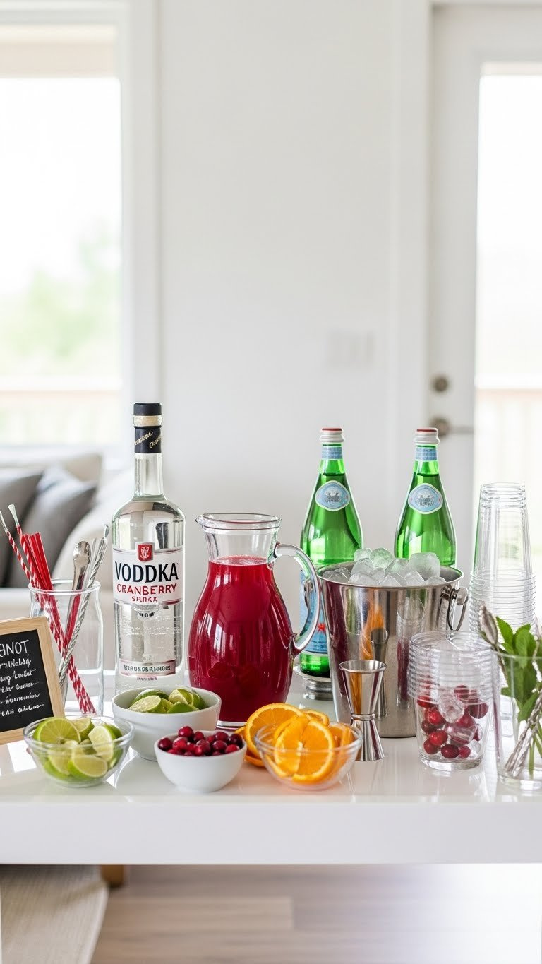 Self-serve vodka cranberry spritzer bar with bottles, garnishes, ice bucket, and tumblers on white bar cart